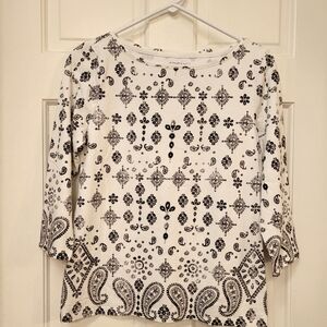 Talbots classic Tee, 3/4 sleeve Tee, work shirt, dressy Top, black white blouse